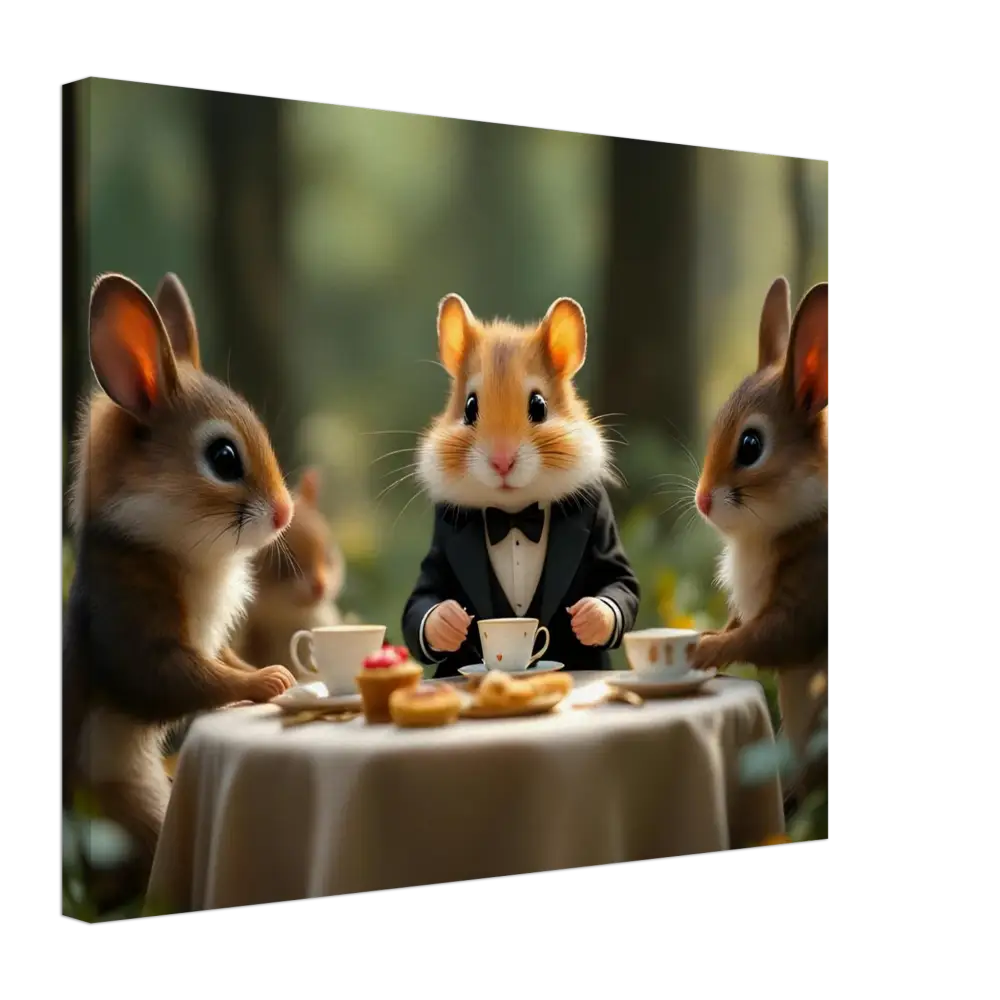 Anthropomorphic animals enjoying a whimsical tea party in Forest Whimsy scene Canvas