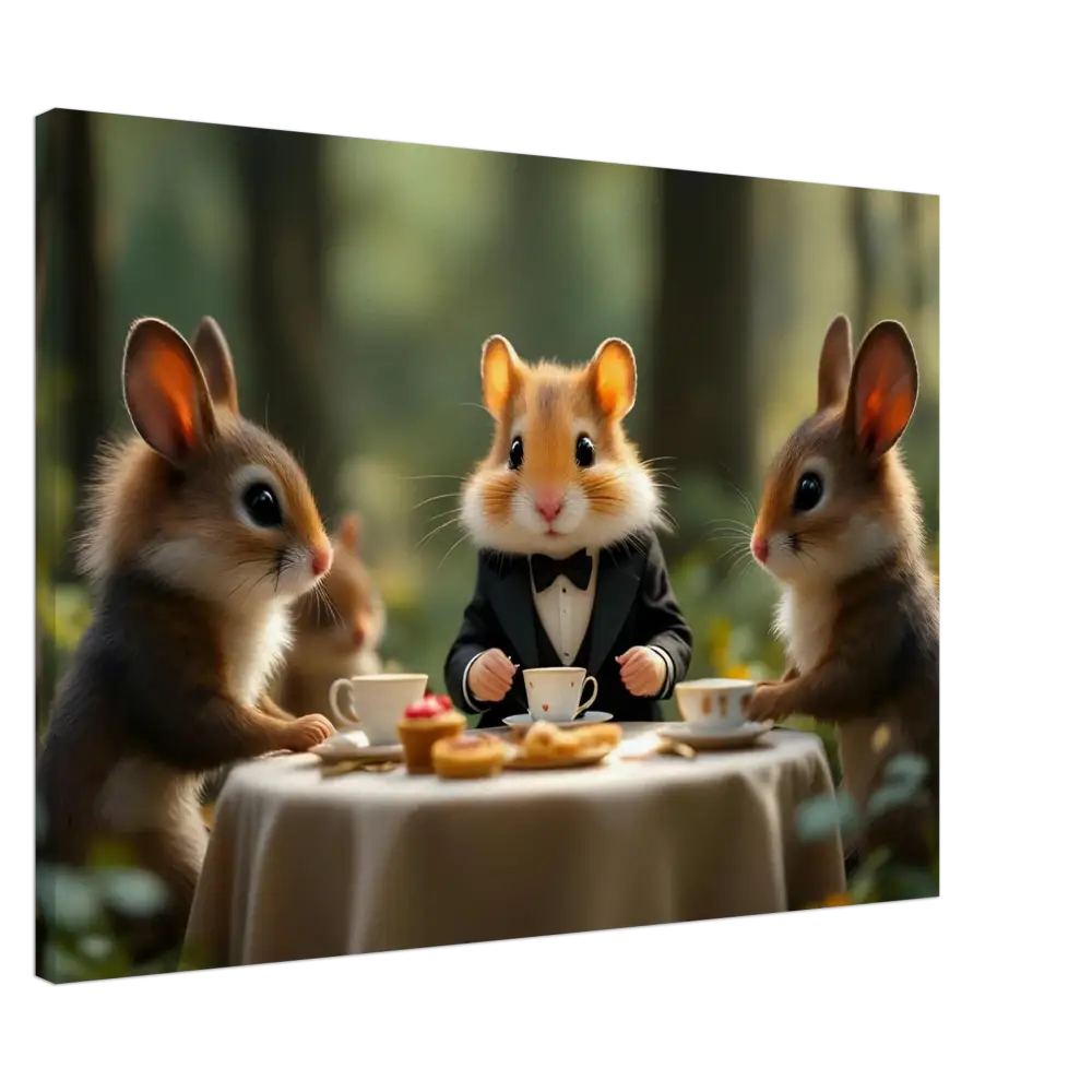 Whimsical animal tea party scene on canvas displayed in Hamster High Tea Canvas artwork