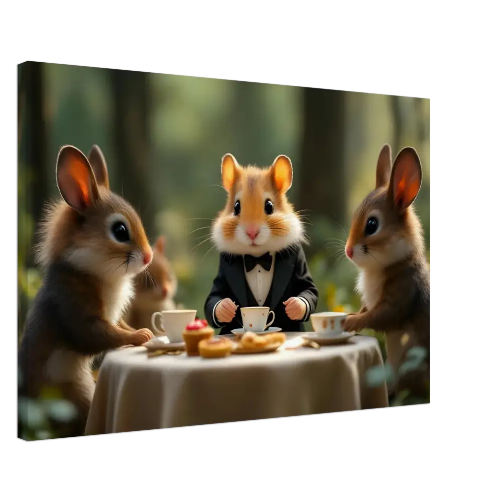 Whimsical animal tea party canvas featuring cute hamsters in a Forest Whimsy scene