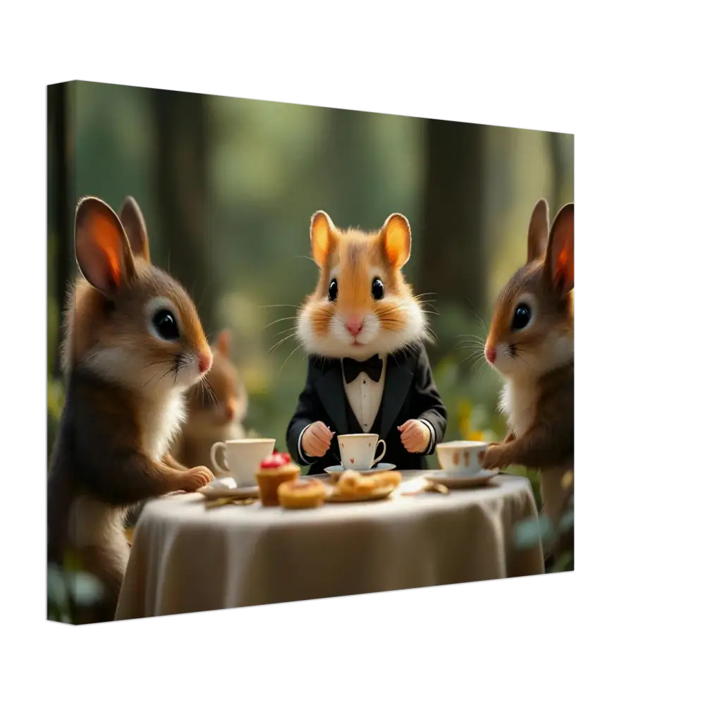 Whimsical animal tea party scene on forest-themed canvas Wall Art Julie’s Hanster High Tea Canvas