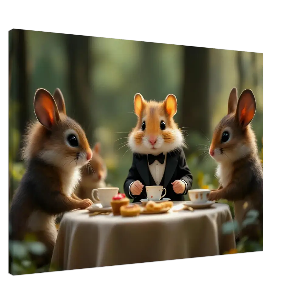 Anthropomorphic animals enjoying a tea party in a whimsical forest scene on Canvas