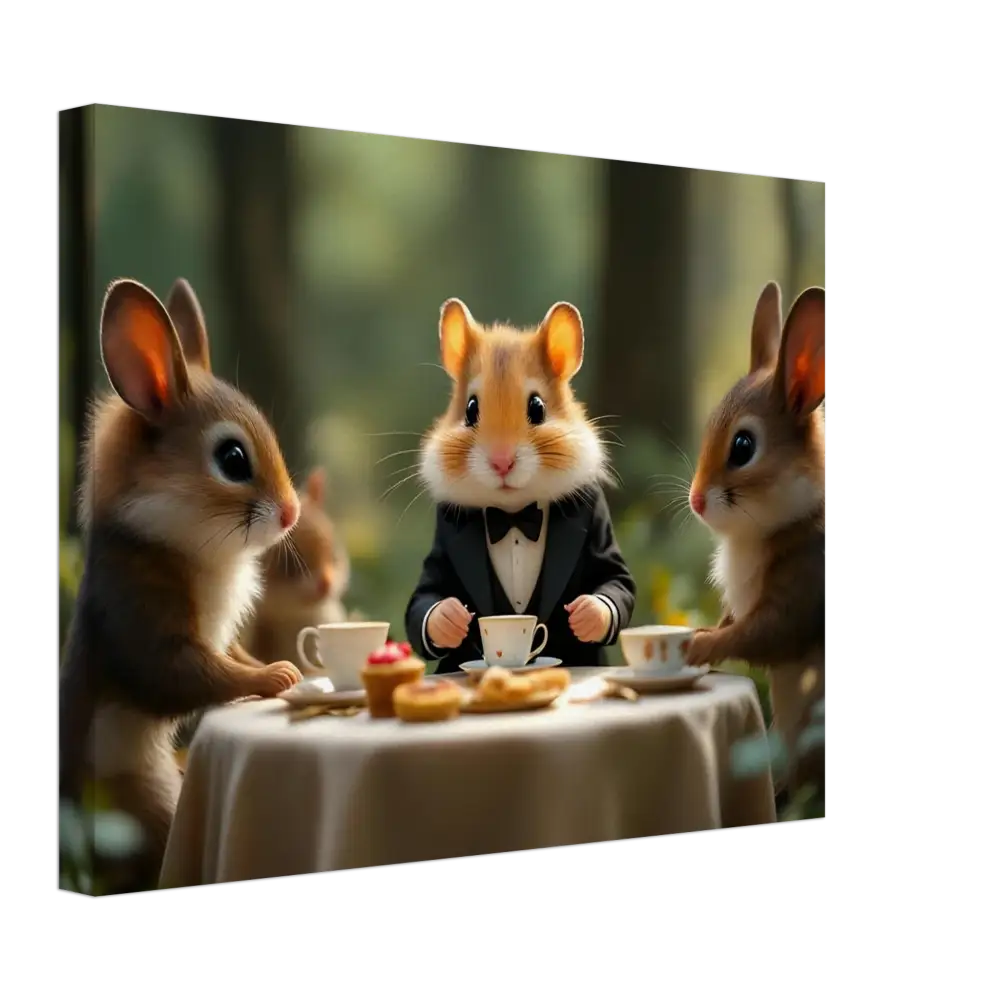 Anthropomorphic animals enjoying a whimsical high tea scene in Forest Whimsy Canvas Artwork