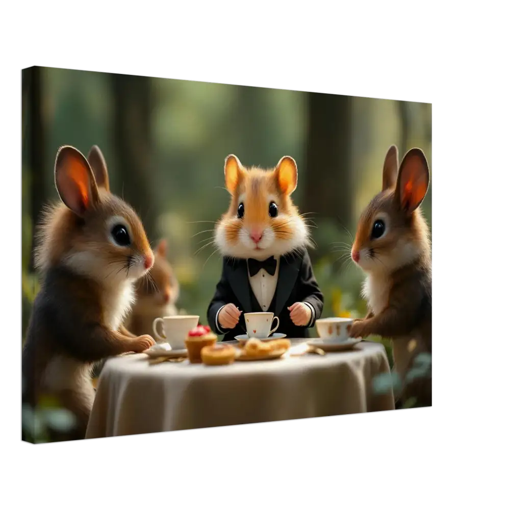 Anthropomorphic animals enjoying a charming tea party scene in PixiOnyx Fantasy Wall Art