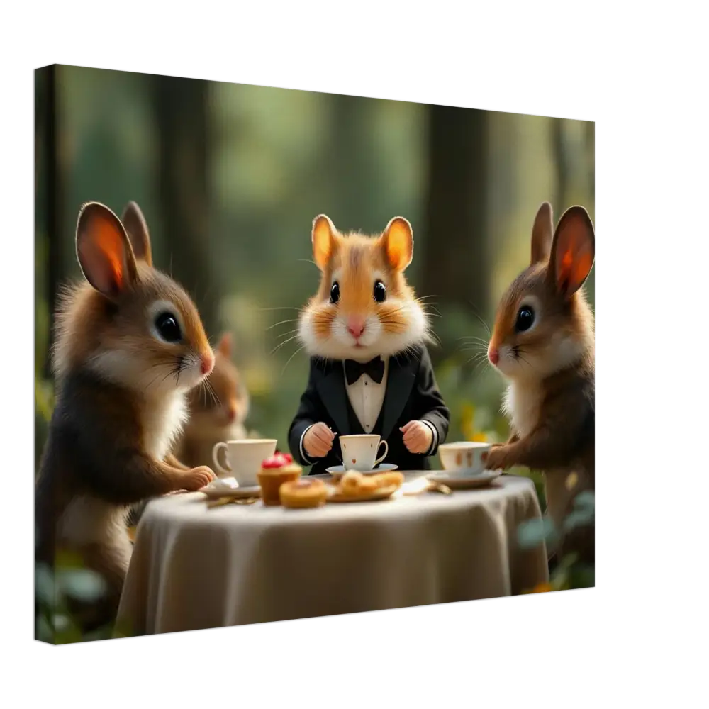 Anthropomorphic animals enjoying a tea party in a whimsical forest scene on PixiOnyx wall art
