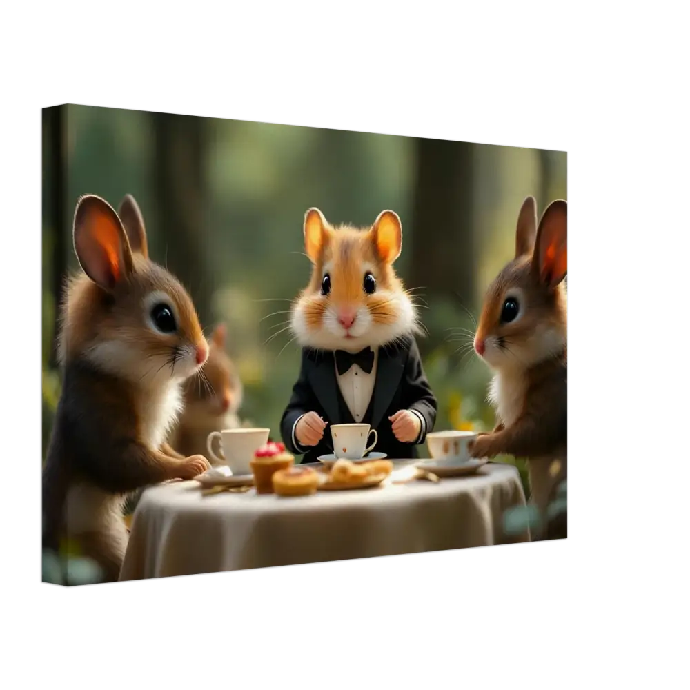 Anthropomorphic animals enjoying a whimsical tea party in a Forest Whimsy Scene wall art
