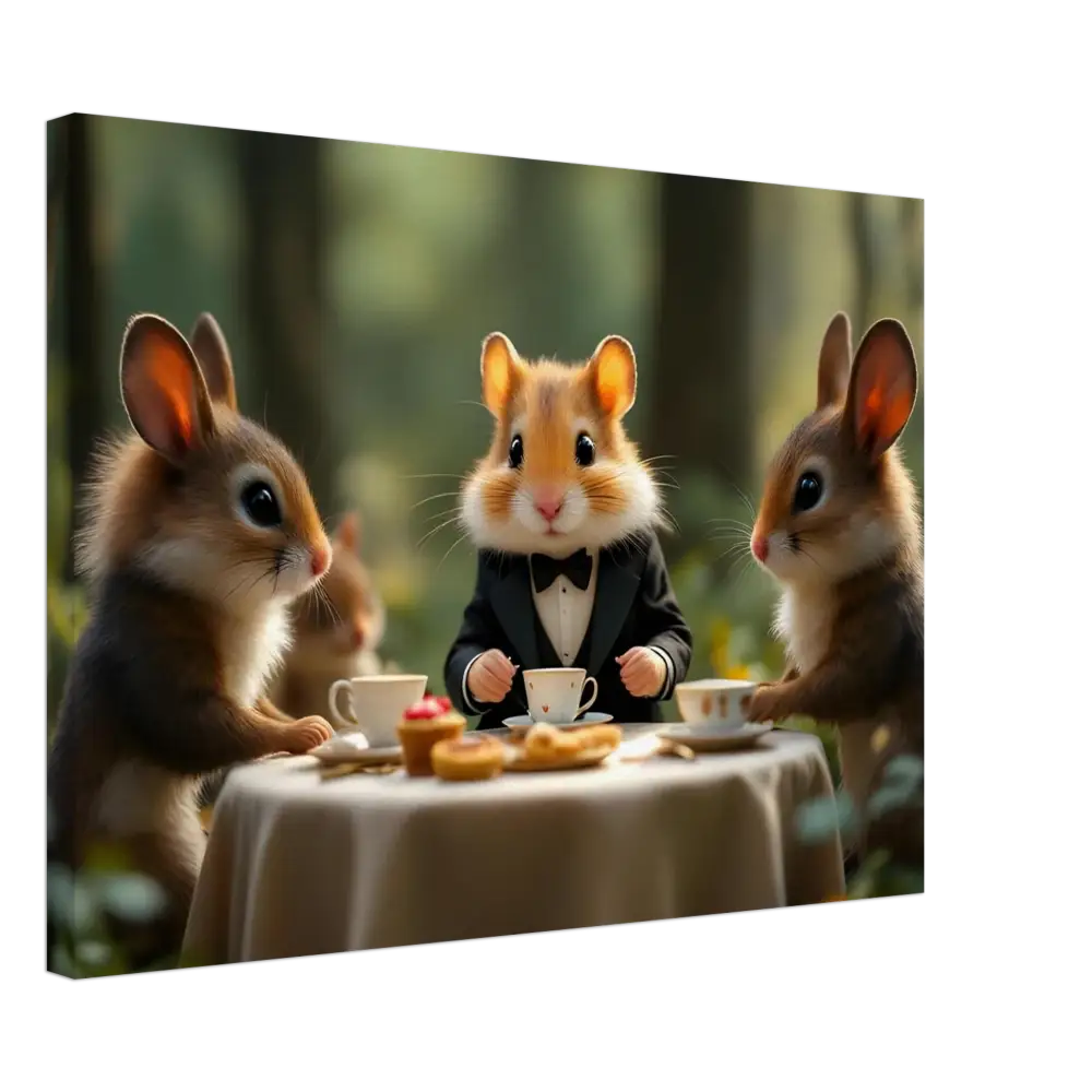 Anthropomorphic animals enjoying a tea party in a whimsical forest scene on a Hamster High Tea Canvas