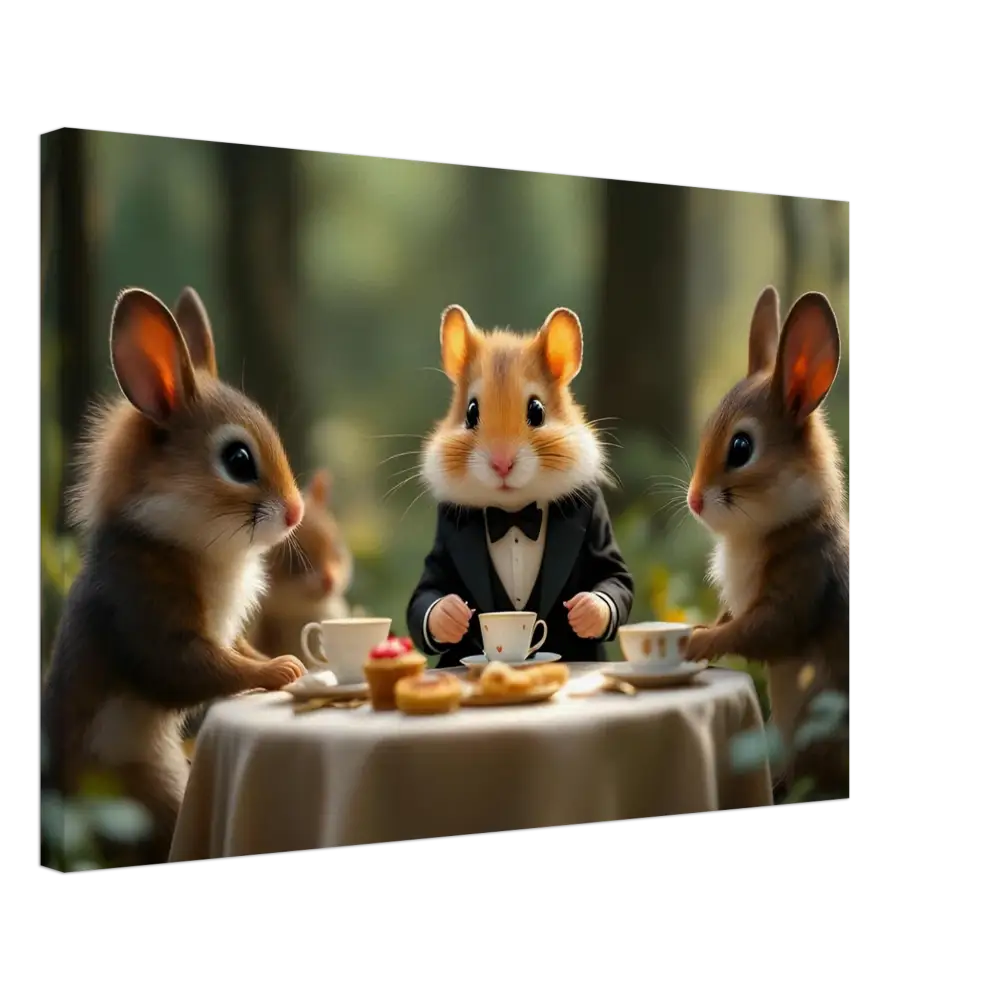Anthropomorphic animals enjoying a tea party in forest-themed PixiOnyx Fantasy Wall Art