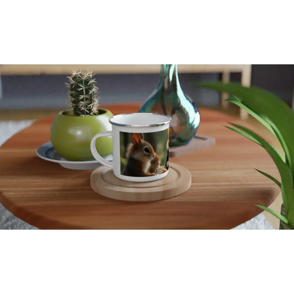 White mug with squirrel illustration from PixiOnyx Hamster High Tea Enamel Mug Rustic Woodland Edition