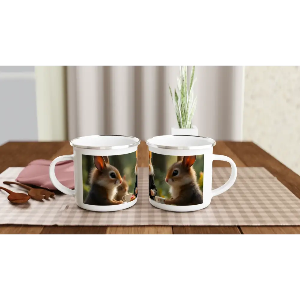 Rabbit-themed enamel mugs from PixiOnyx Hamster High Tea Rustic Woodland Edition