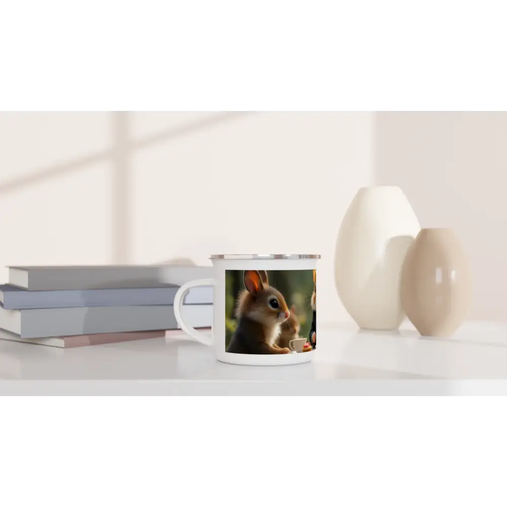 White mug with squirrel image from Hamster High Tea Enamel Mug Rustic Woodland Edition