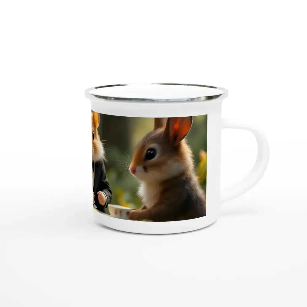 White enamel mug with bunny design from PixiOnyx Hamster High Tea Rustic Woodland Edition