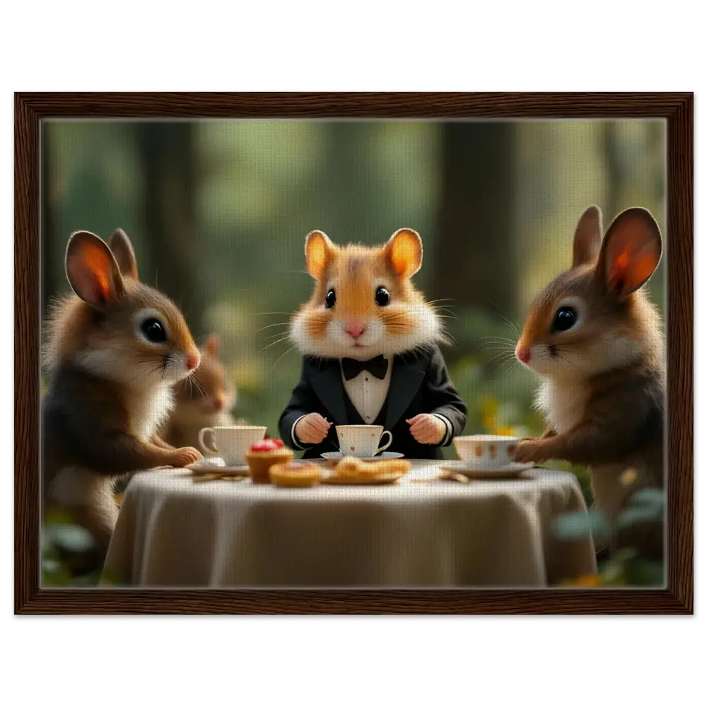 Anthropomorphic animals enjoying a tea party in a whimsical woodland setting on framed canvas