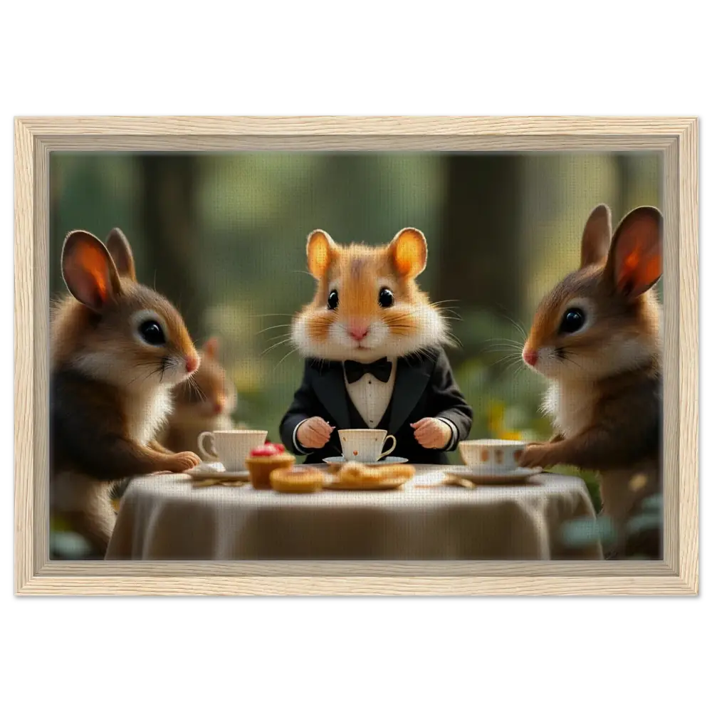 Framed whimsical animal tea party canvas featuring Hamsters enjoying high tea in enchanted woodland setting