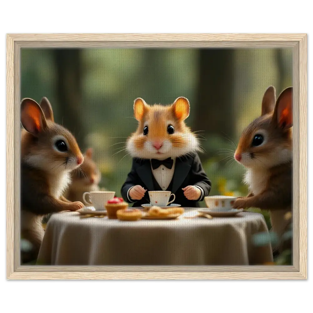 Anthropomorphic animals enjoying tea scene on Hamster High Tea Framed Canvas in Enchanted Woodland style