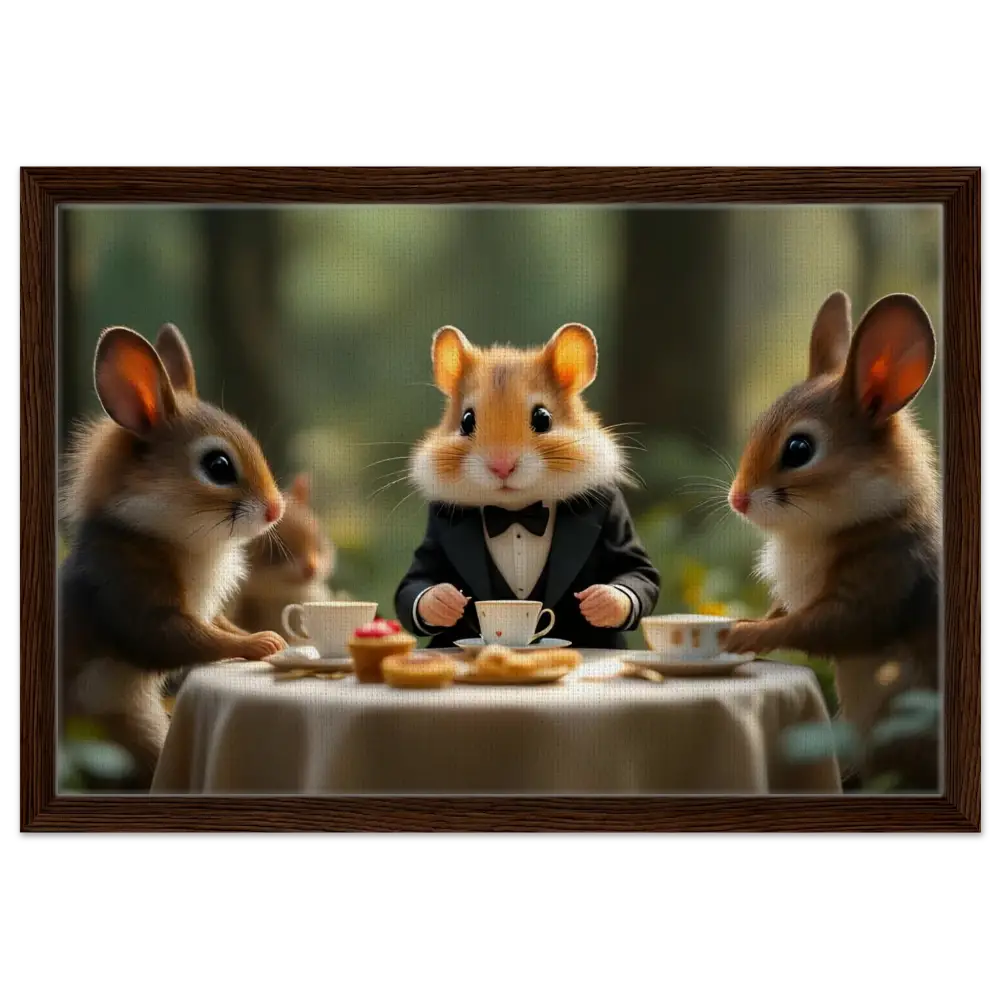 Framed Hamster High Tea Canvas featuring dressed-up rodents at an Enchanted Woodland Tea party