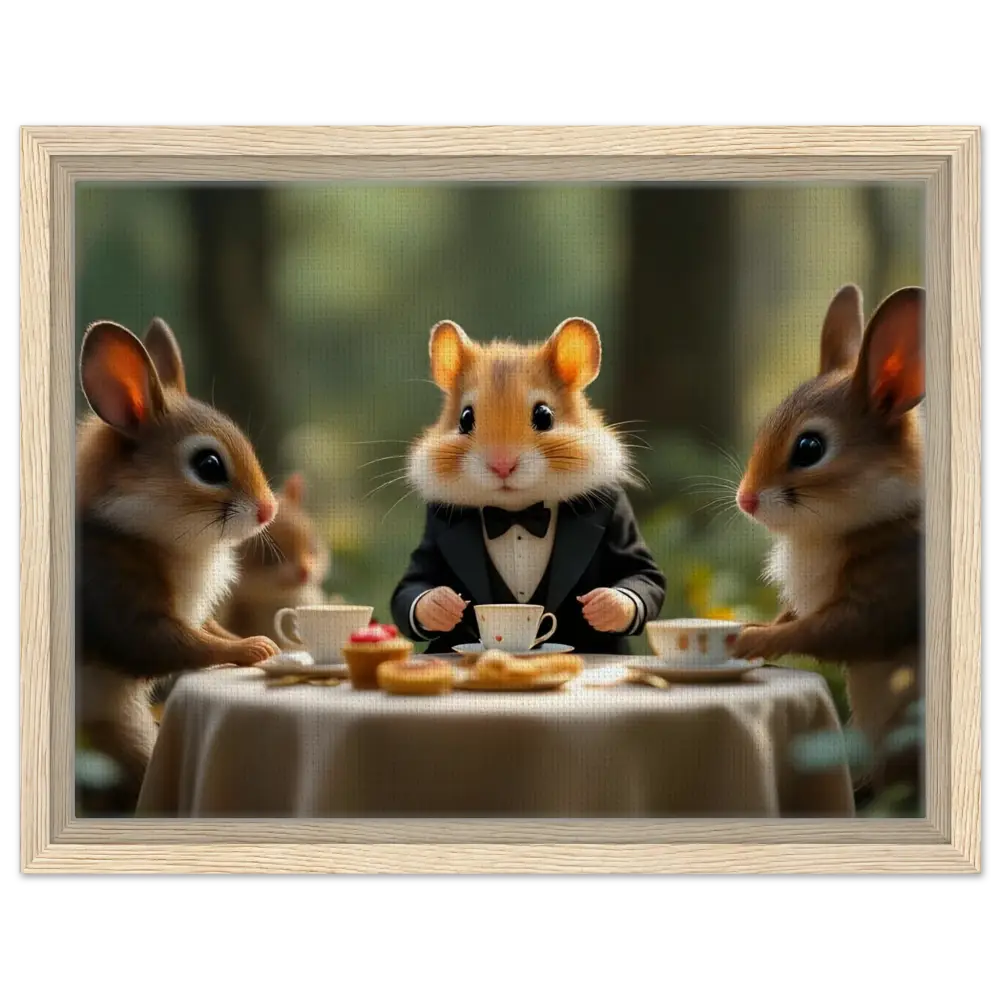Framed anthropomorphic hamster and rabbits enjoying a whimsical tea party in woodland setting