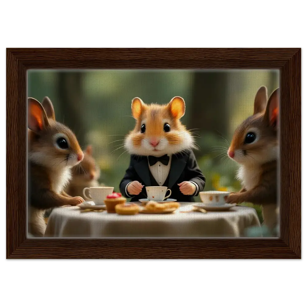 Framed whimsical animal tea party art on Hamster High Tea Canvas from PixiOnyx Fantasy Print