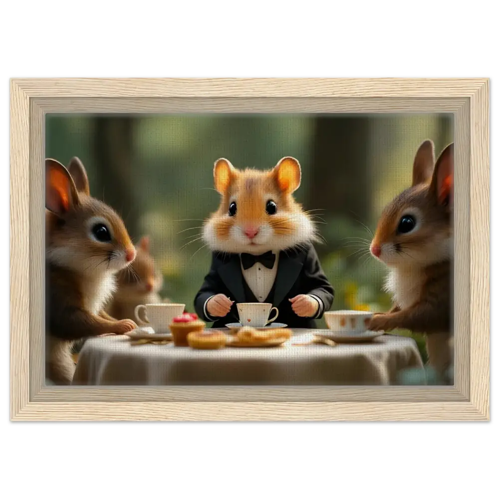 Framed anthropomorphic animal tea party scene from Hamster High Tea Canvas by PixiOnyx