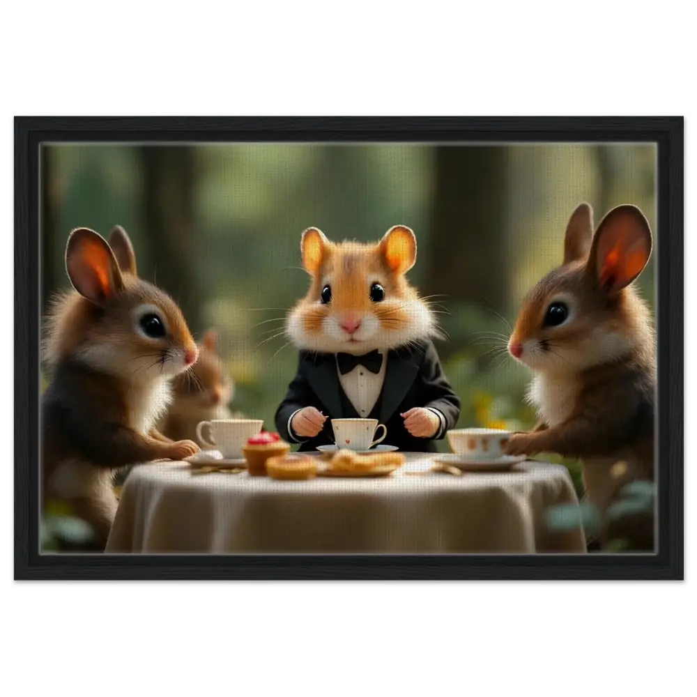 Anthropomorphic animals enjoying tea in a enchanted woodland scene on PixiOnyx Fantasy Print