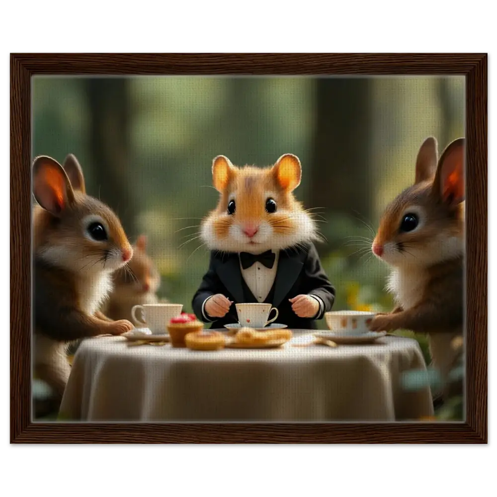 Anthropomorphic animals enjoying tea in a whimsical woodland setting on a framed canvas