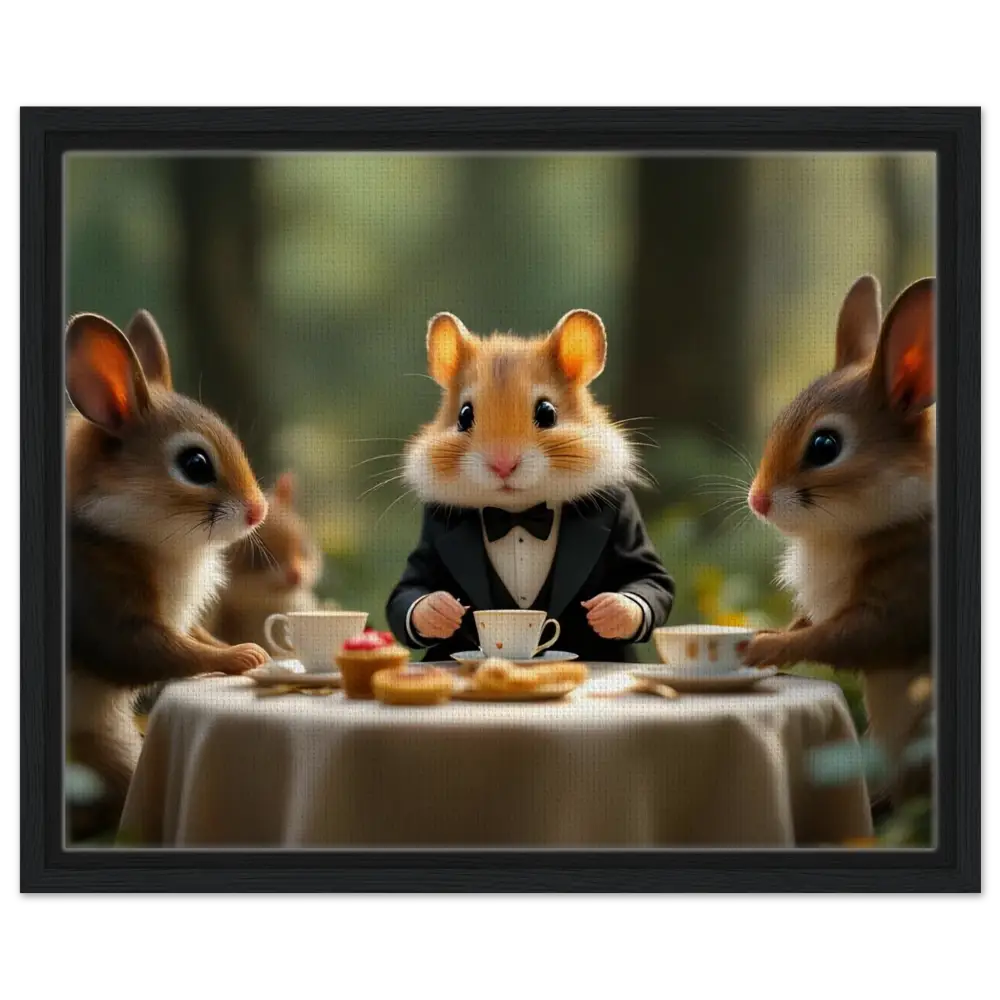 Anthropomorphic animals enjoying tea in a whimsical woodland scene on a framed canvas