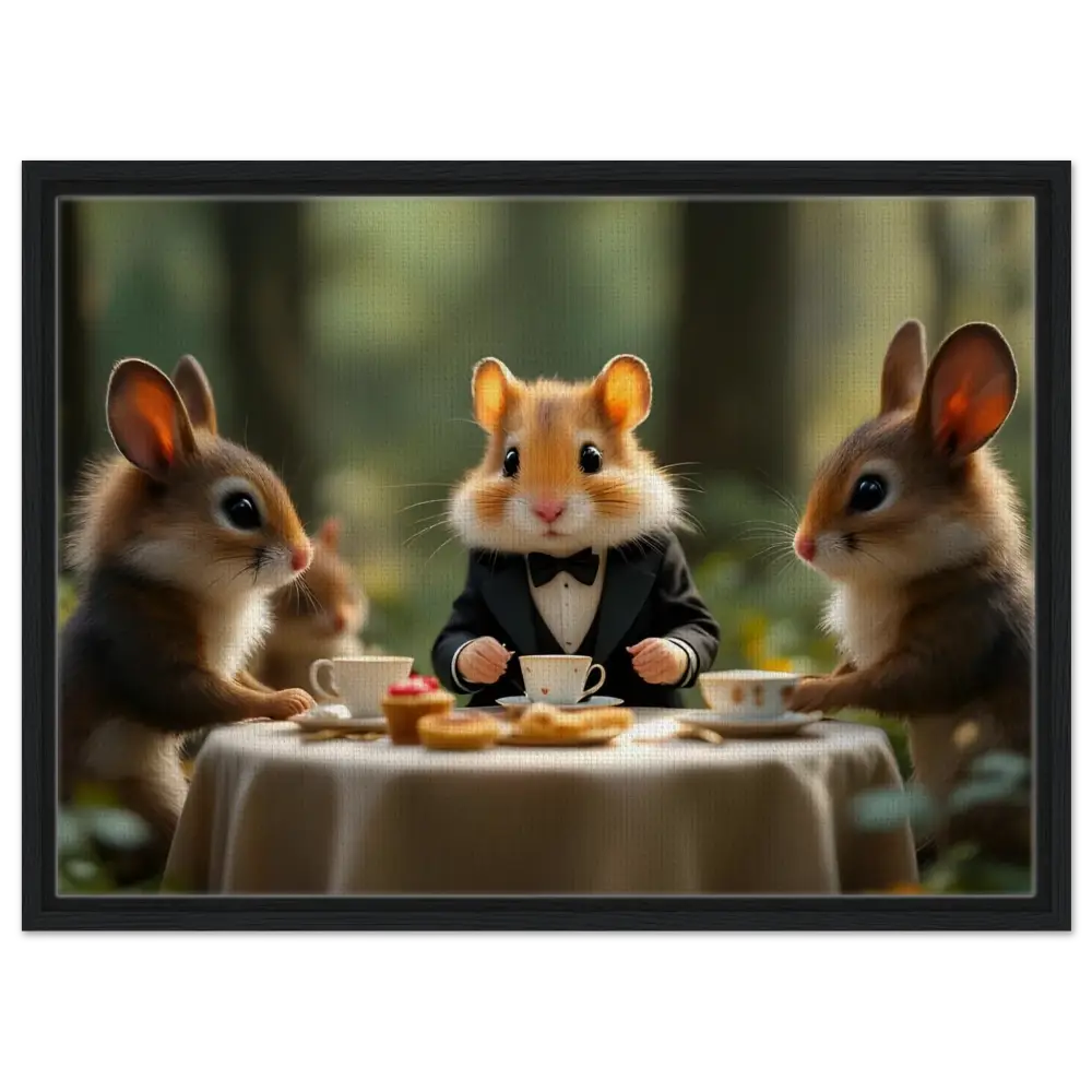 Anthropomorphic animals having tea in a whimsical enchanted woodland scene on PixiOnyx Canvas