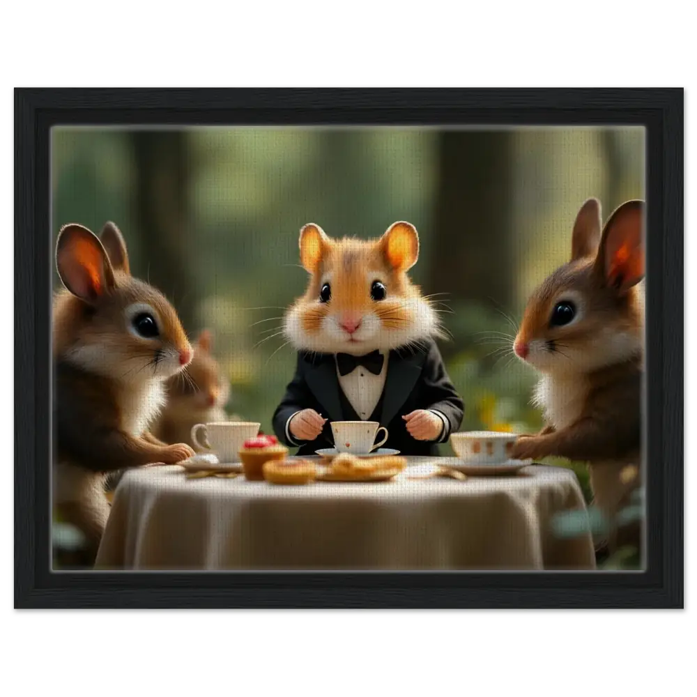 Anthropomorphic hamster in tuxedo hosting tea party on PixiOnyx Fantasy Print canvas