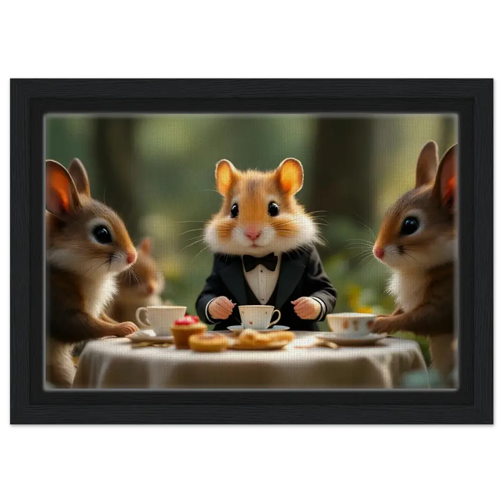 Anthropomorphic hamster in tuxedo having tea with rabbits on Enchanted Woodland Tea canvas art