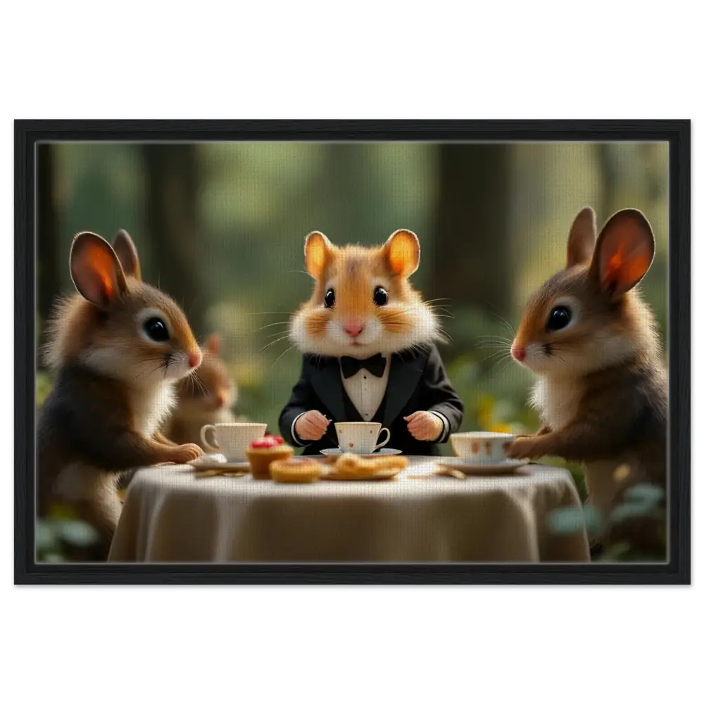 Anthropomorphic animals enjoying tea scene on Hamster High Tea Framed Canvas in Enchanted Woodland Tea style