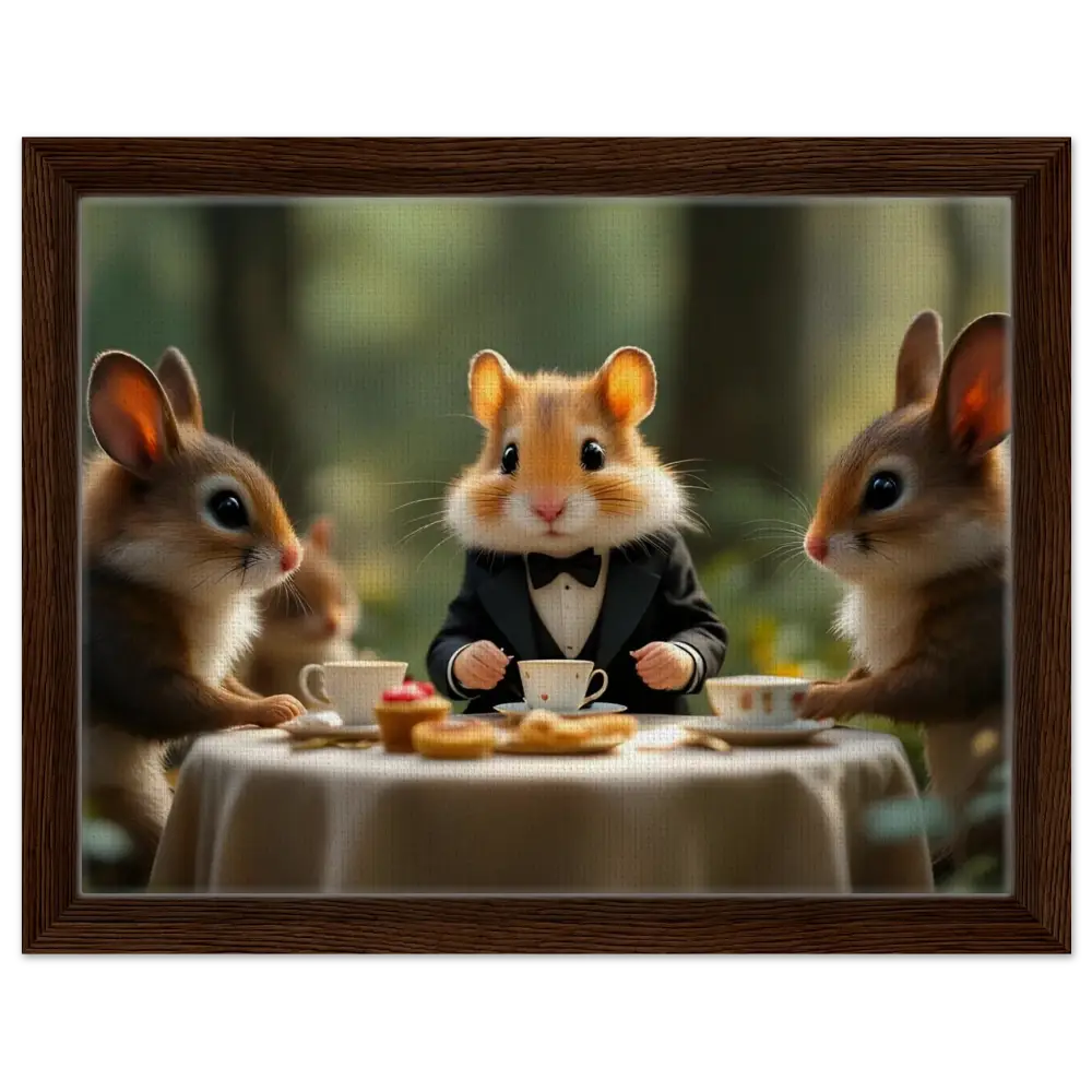 Framed anthropomorphic animal tea party artwork from Hamster High Tea Framed Canvas Enchanted Woodland Tea