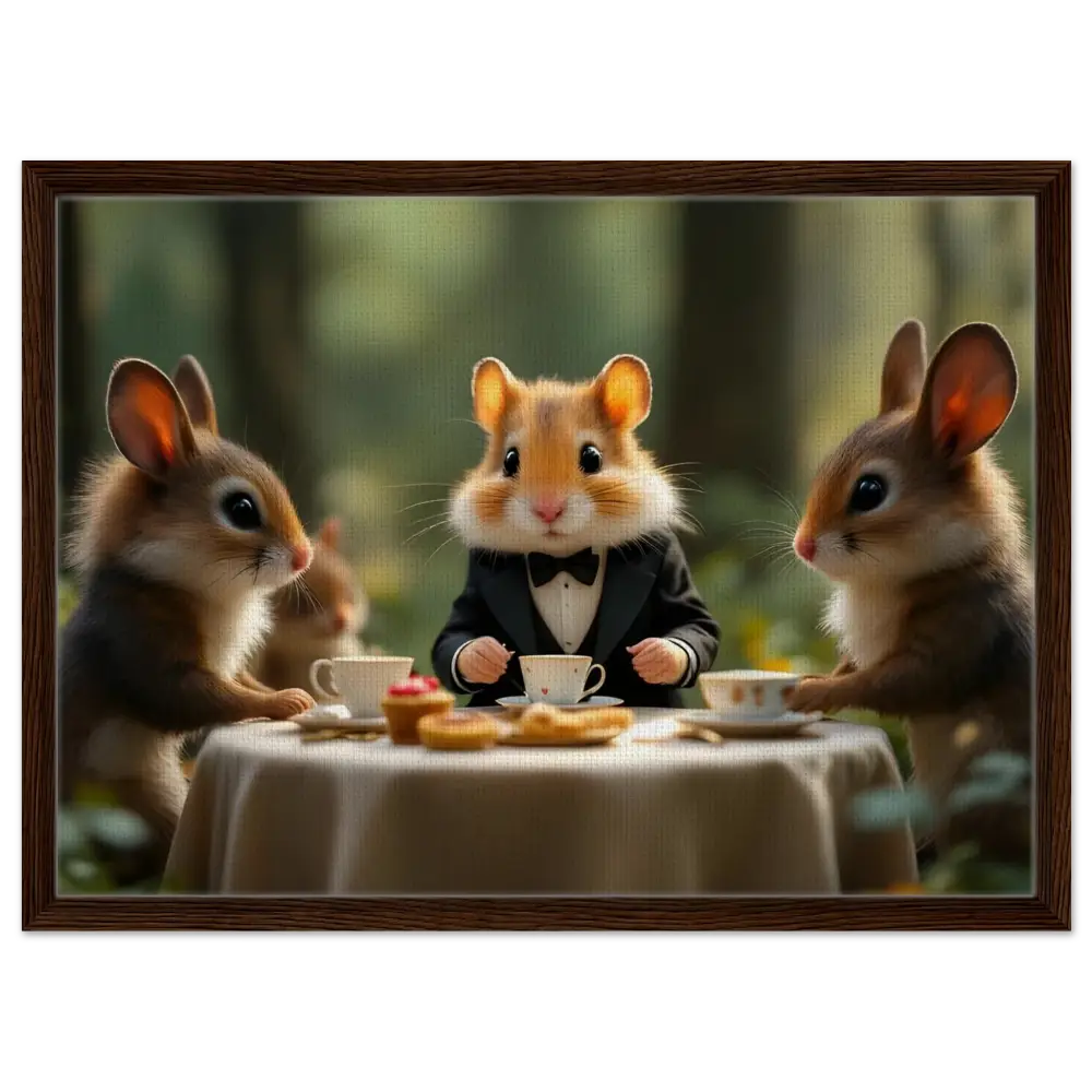 Anthropomorphic hamster enjoying a whimsical tea party in Enchanted Woodland setting