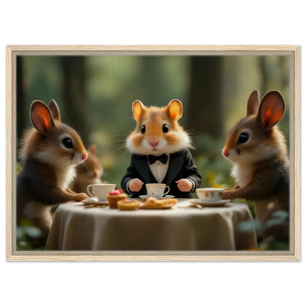 Framed Fantasy Canvas of Dressed-Up Animals Enjoying a Whimsical Tea Party