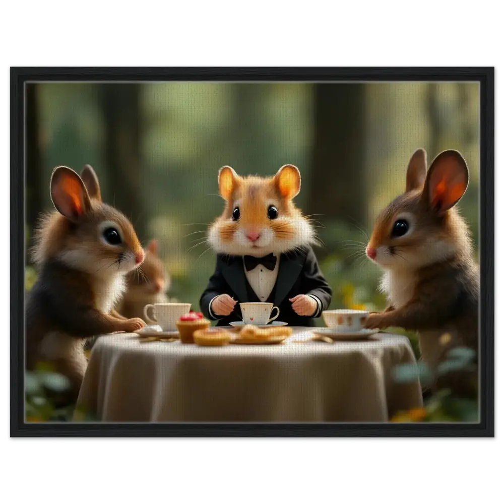Anthropomorphic rodents enjoying a tea party at Hamster High Tea Framed Canvas in Enchanted Woodland Tea