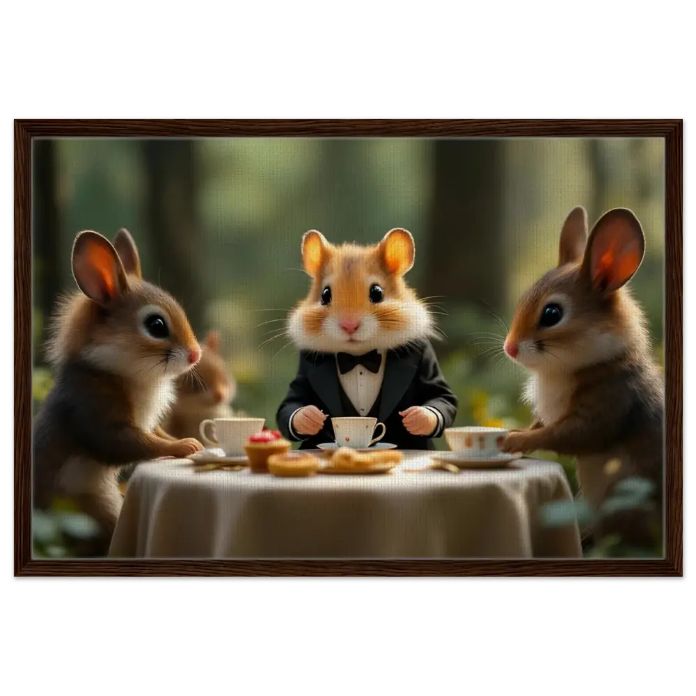 Anthropomorphic animals having tea in a enchanted woodland scene on PixiOnyx Fantasy Print