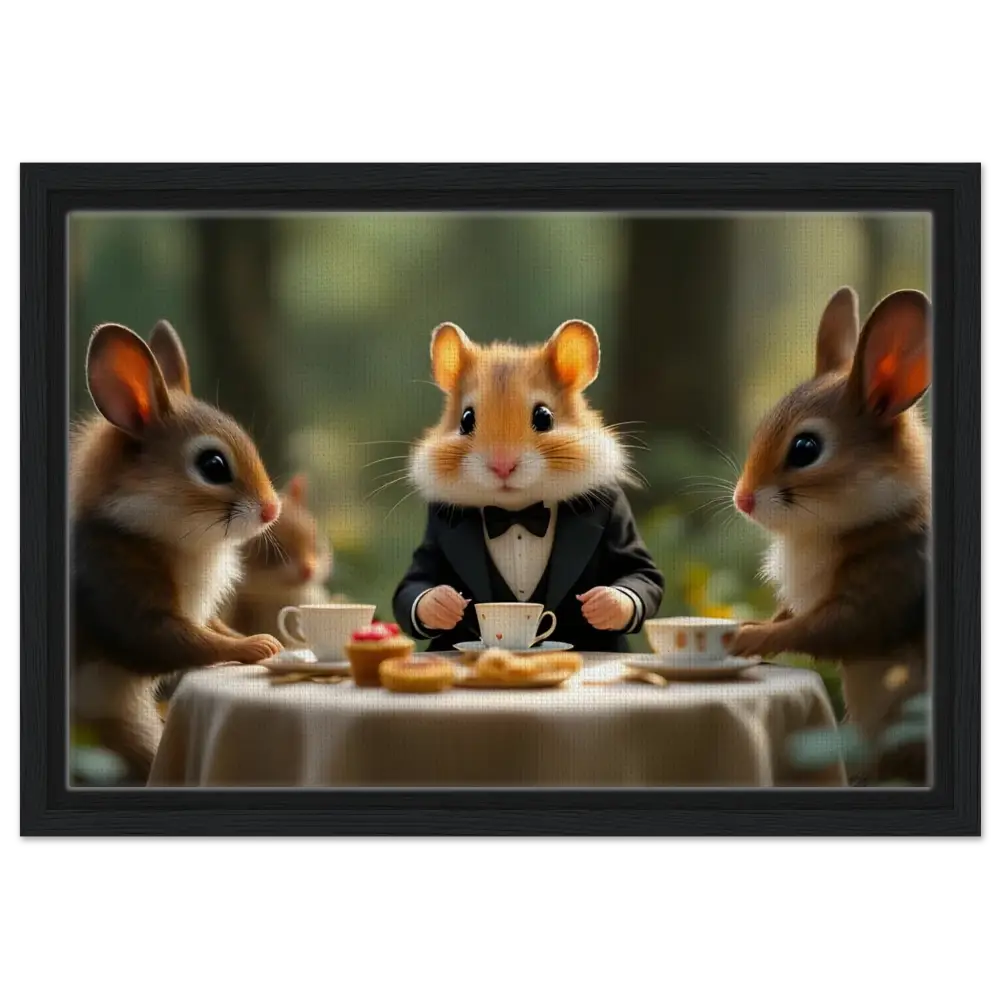 Anthropomorphic animals enjoying tea in a whimsical woodland scene on PixiOnyx Fantasy Print