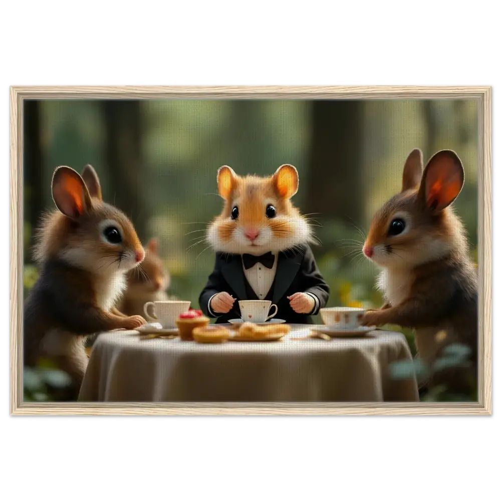 Anthropomorphic animals enjoying tea in a whimsical woodland setting on a framed canvas