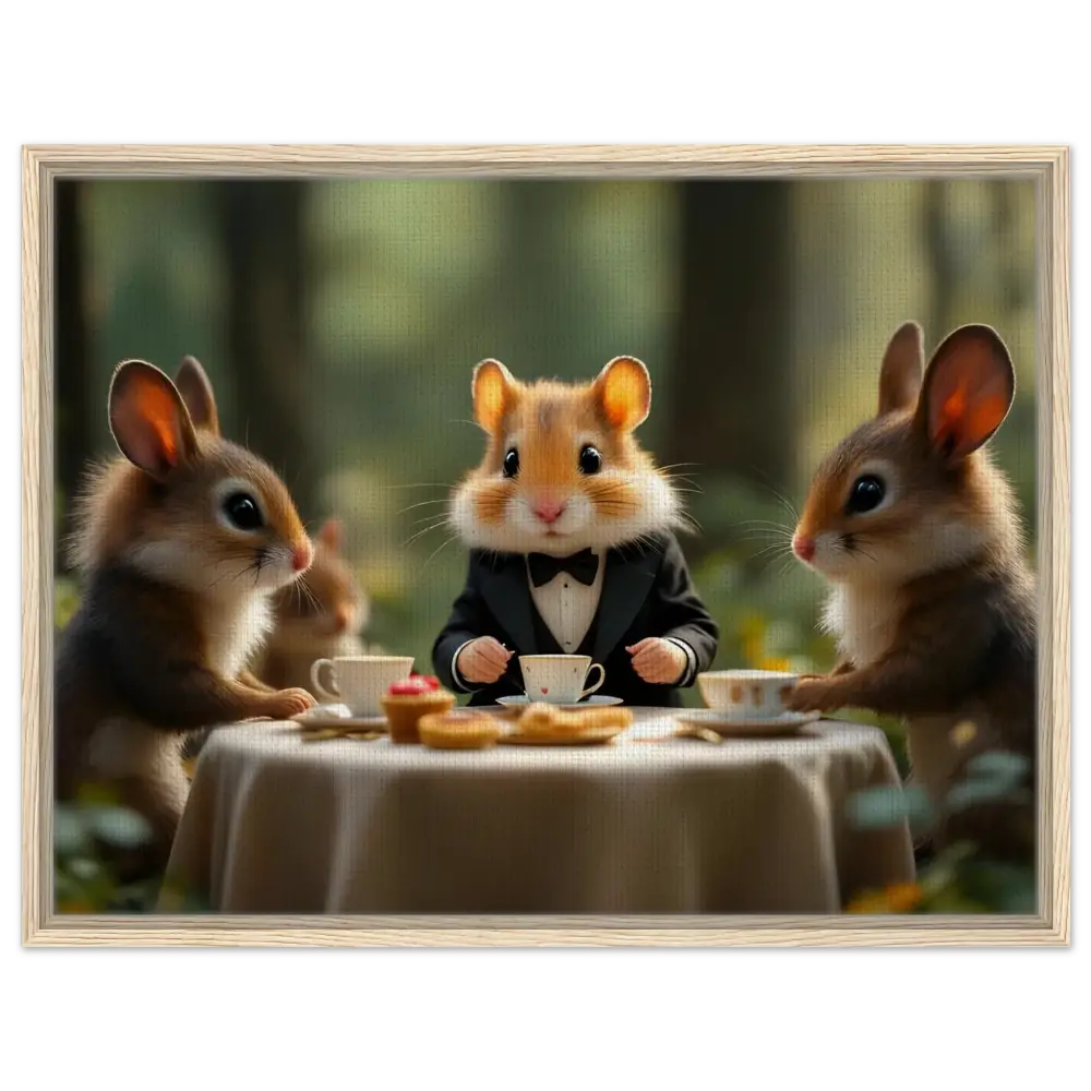 Anthropomorphic animals enjoying a charming tea party scene on PixiOnyx Fantasy Print Canvas
