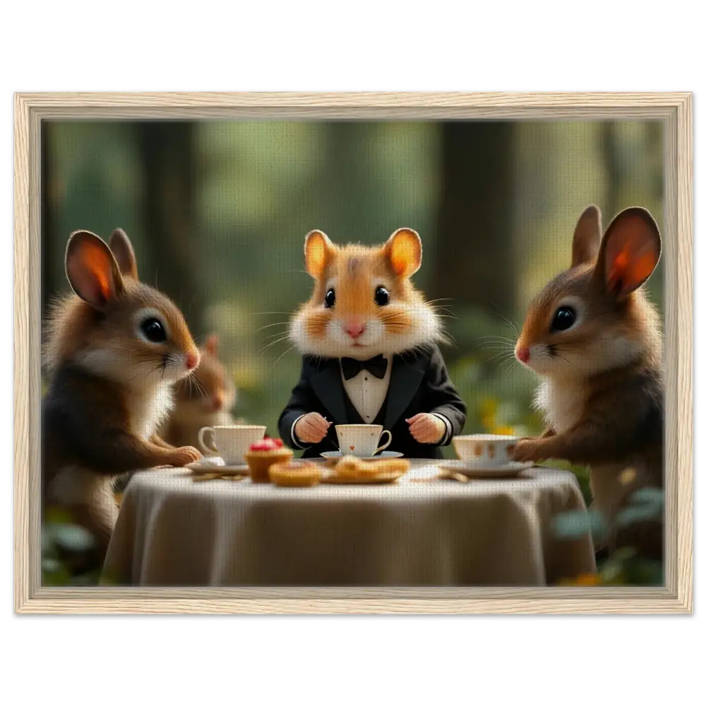 Framed animal tea party print featuring Hamster High Tea in Enchanted Woodland setting