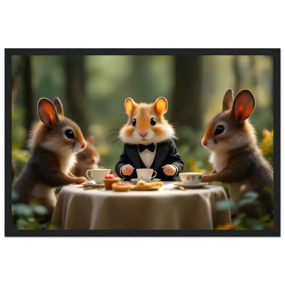 Anthropomorphic animals having tea on Woodland Whimsy Gathering framed poster