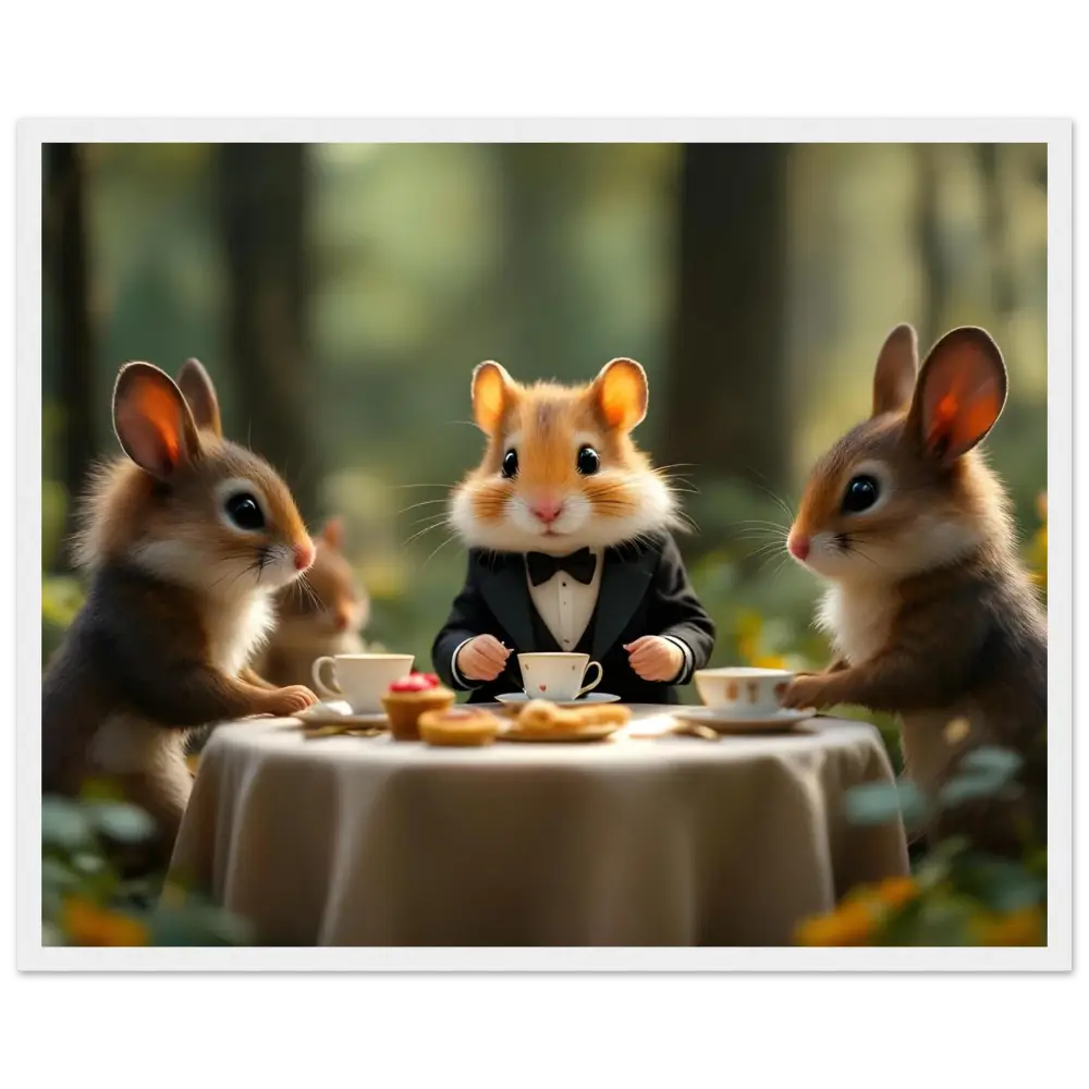 Anthropomorphic animals having a tea party in a whimsical woodland setting for PixiOnyx Wall Decor