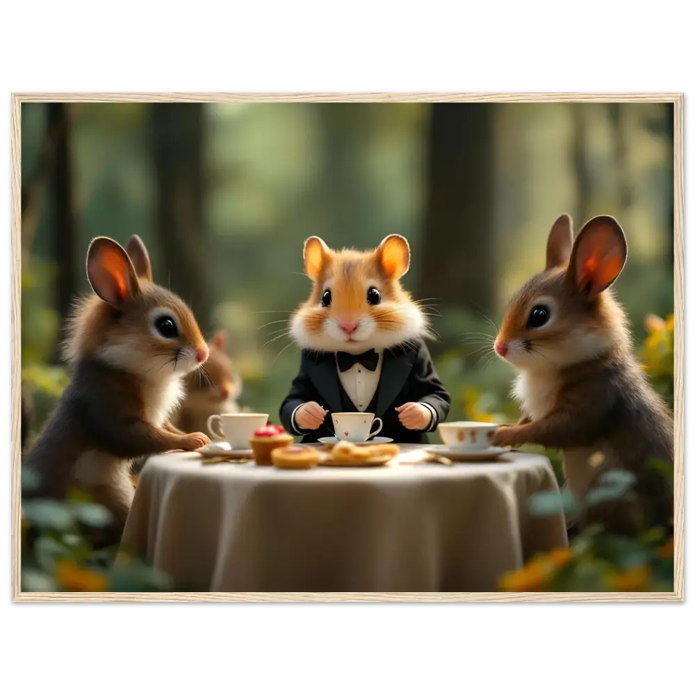 Anthropomorphic animals having tea in woodland setting for Hamster High Tea Framed Poster
