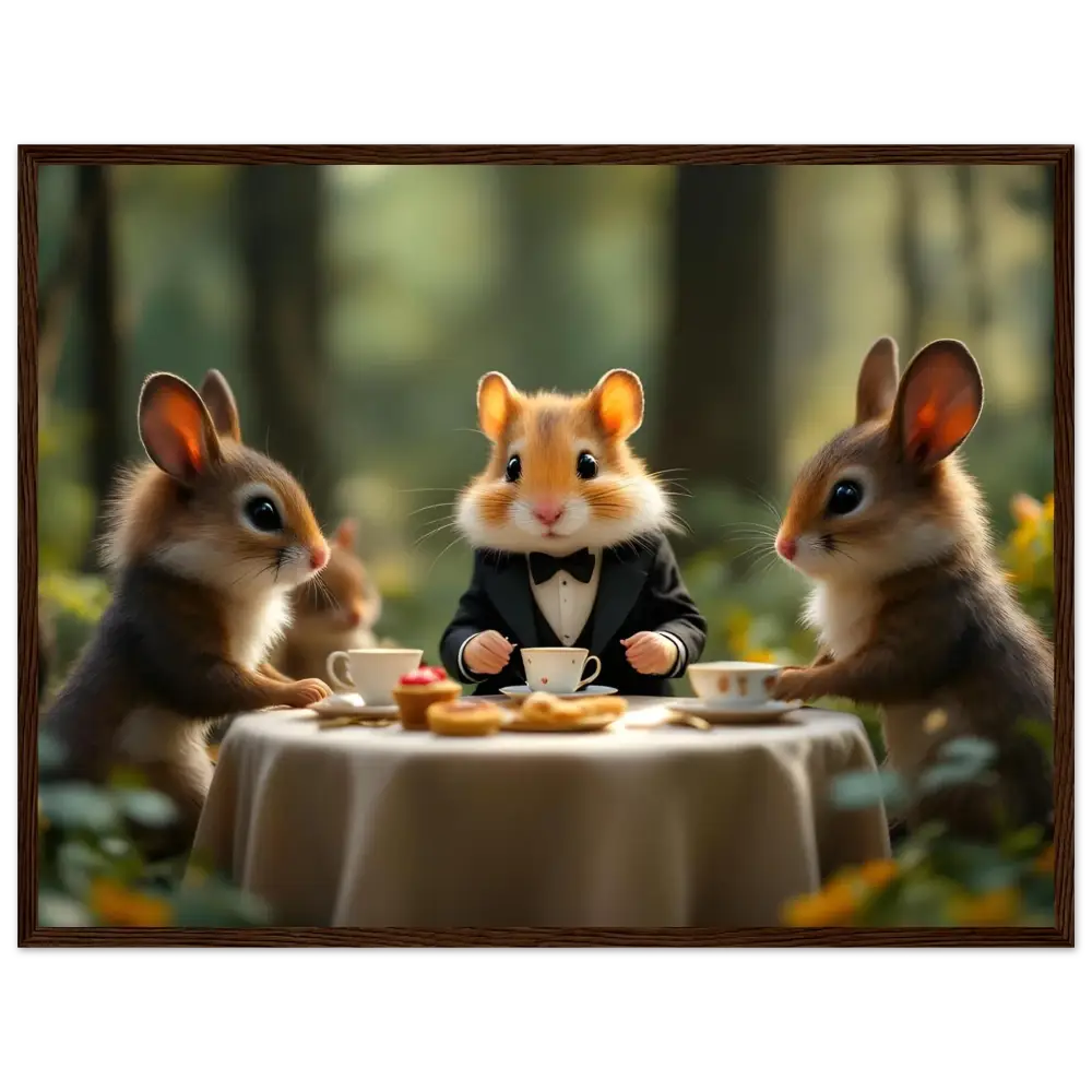 Anthropomorphic animals enjoying tea at Woodland Whimsy Gathering framed poster