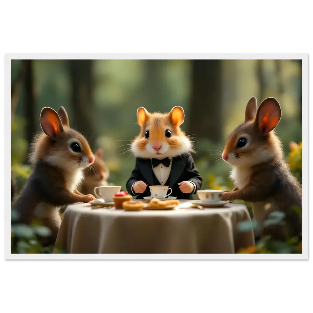 Anthropomorphic animals enjoying tea in woodland setting for Hamster High Tea Framed Poster