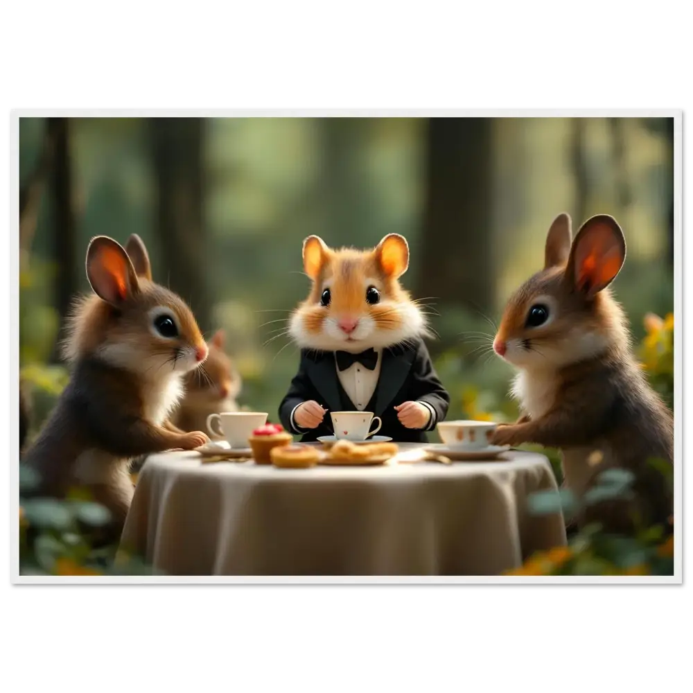 Anthropomorphic animals having tea in a whimsical woodland setting for Hamster High Tea Framed Poster