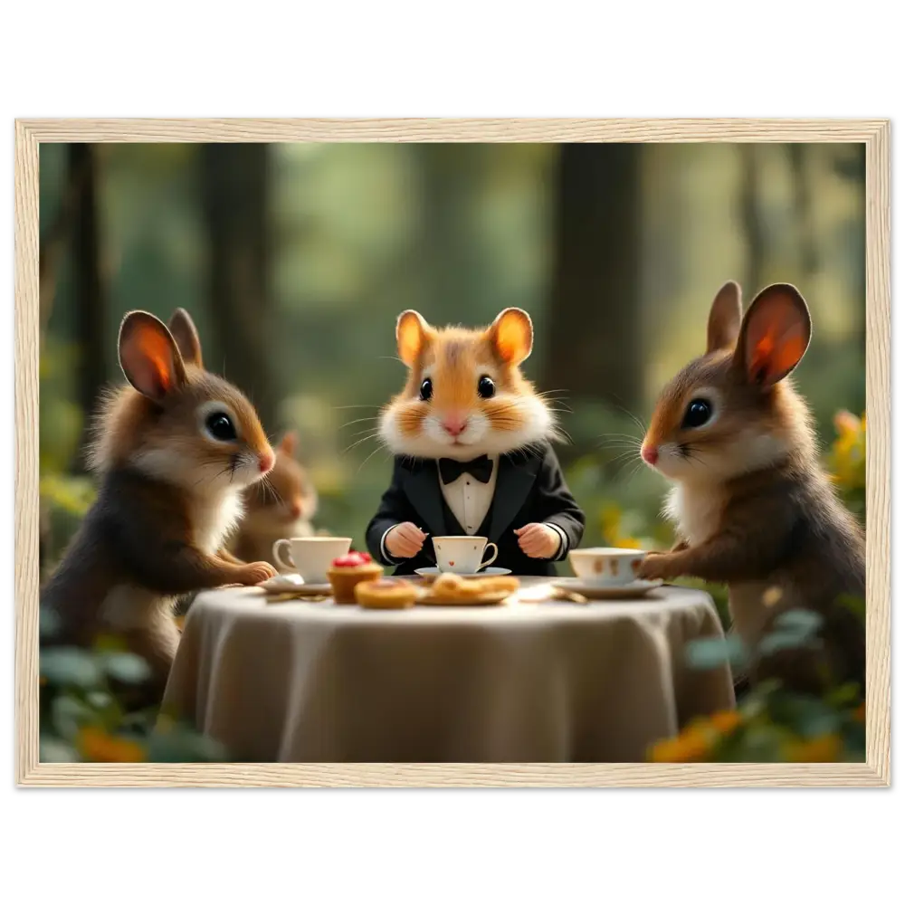 Anthropomorphic animals having tea at Woodland Whimsy Gathering framed poster for PixiOnyx wall decor