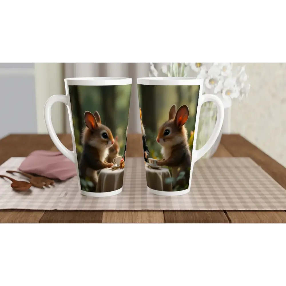 Woodland-themed ceramic latte mug featuring squirrel designs from PixiOnyx Woodland Gathering Edition