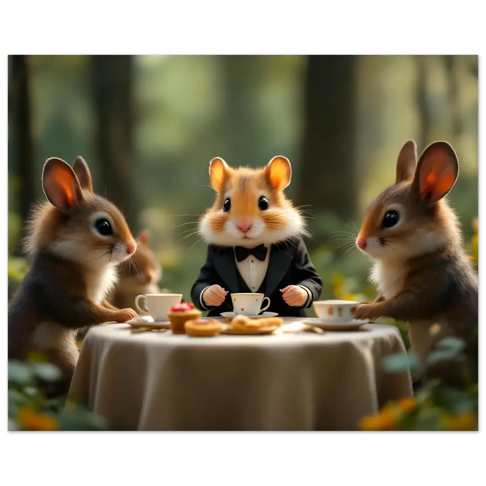 Anthropomorphic animals having a tea party on the Hamster High Tea Metal Print by PixiOnyx