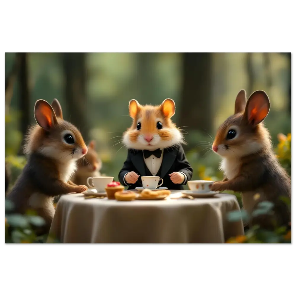 Anthropomorphic animals enjoying a tea party displayed on PixiOnyx Aluminum Art metal print