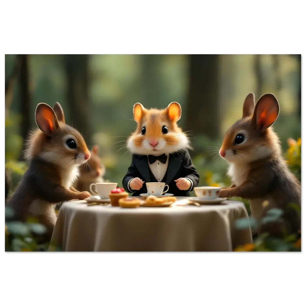 Anthropomorphic animals enjoying tea at a Woodland Gathering metal art print
