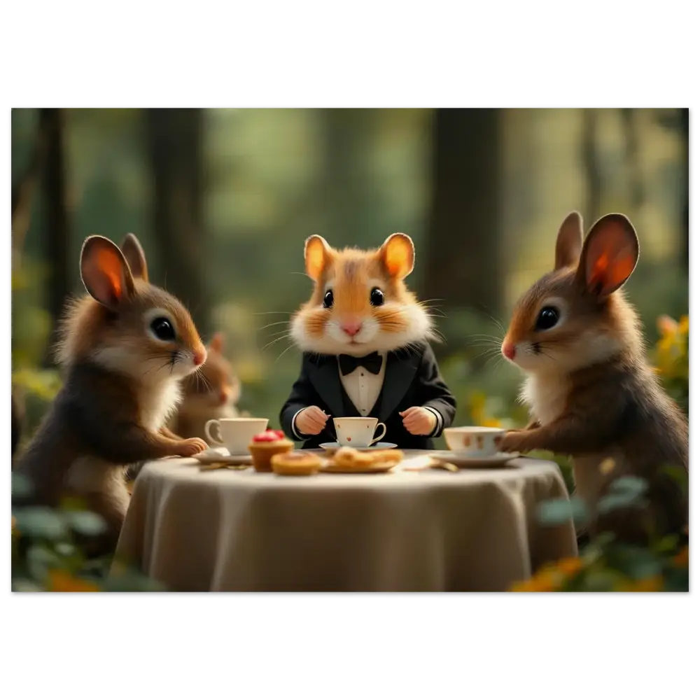 Anthropomorphic animals enjoying a tea party at Forest Tea Party on Birch Wall Art